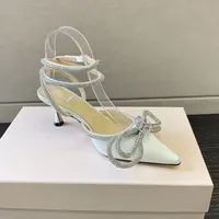 Designers luxueux robe chaussure Soirée Soirée Satin Satin Bow Pompes 6.5cm Crystal-Embellissements Strass Chaussures Sandelles Sandales Sandals pour Femmes Slants