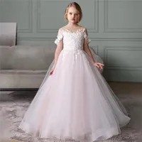 Lace Tulle Flower Girl Dress Bows Children's First Communion Dress Princess Ball Gown Wedding Party Dresses 2022