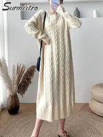 캐주얼 드레스 Surmiitro 2021 패션 가을 겨울 니트 롱 드레스 여성 한국 스타일 화이트 블랙 스트라이프 느슨한 두꺼운 따뜻한 슬리브 스웨터
