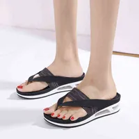 Women's leather sandals, comfortable, light, with air cushion, middle heel, summer