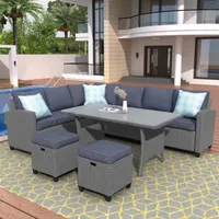 U_Style Patio Furniture Set de 5 piezas Configuración al aire libre Conjunto de mesa de comedor Silla con otomano y tira almohadas Stock A08 A21