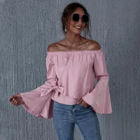 Women's Blouses & Shirts Women Sweet Off Shoulder Elegant Fashion Trend Slash Neck Long Flared Sleeve Bowknot Wrap Pink Shirt Tops Streetwea