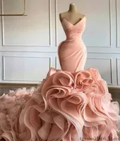 2022 Blush Pink Mermaidウェディングドレスエレガントな恋人Vネックティアードスカートフリル王女トランペットVestidos de Novia Wedding Gowns SXM10