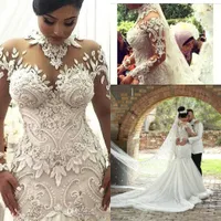 2021 luxo sheer mangas compridas vestidos de casamento ilusão Nigéria pescoço alto apliques frisado dubai árabe castelo sereia vestidos de casamento BA7687