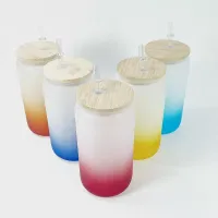 Colorful Sublimation 16oz Frosted Glass Beer Mugs Party Gradient color With Bamboo Lid and Reusable Straw Portable soda Can Coffee Milk Juice Cups