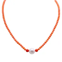 JYX Högkvalitativ 3,5-5mm Orange Coral Halsband med vit Pearl Q0531