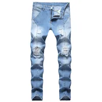 Men&#039;s Jeans Mens Design Fashion Panelled Biker Skinny Distressed Light Blue Denim Pants Drop Wholesale Stock