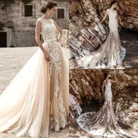 Champagne Mermaid Wedding Dresses With Detachable Train 2021 Sheer Neck Cap Sleeves Lace Appliqued Bridal Gowns Vestidos De Novia AL7885