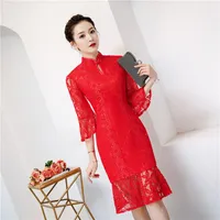 民族服Qipao Red Lace Cheongsam現代中国語伝統的なウェディングドレス女性vestidoオリエンタルカラーセクシーなQi Pao