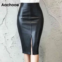 Aachoae Black Pu Leather Skirt Women 2021 New Midi Sexy High Waist Bodycon Split Office Pencil Knee Length Plus Size