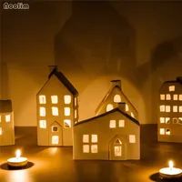 북유럽 세라믹 촛대 크리 에이 티브 하우스 모양의 촛불 홀더 낭만적 인 촛불 저녁 소품 홈 웨딩 파티 장식 Y200109