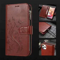 Zipper Wallet Phone Cases for iPhone 13 12 11 Pro Max X XS XR 7 8 Plus, 5 Cards Slots Butterfly Embossing PU Leather Flip Stand Cover Case