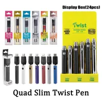 Slim Twist Pen Quad Twist Preheat Batteria 650mAh 900mAh 1100mAh con scatola di visualizzazione Tensione variabile 510 Thread Vape