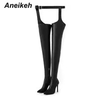 Aneikeh 2021 Vår / Höst Punk Style Women Pu Over-the-Knee Skor Pekade Toe Thigh High Heels Stövlar för Kvinnor Storlek 35-42 Svart LJ210203