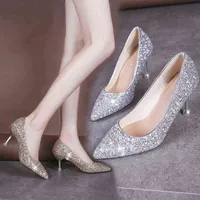 Dress Shoes Zapatos tacón alto plateados para Mujer calzado boda talla gran ostentoso con punta puntiaguda de vestir 7473 220309