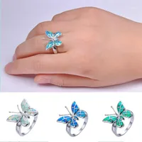 クラスターリングかわいい蝶の動物デザインリングの模倣ブルーの火災オパール女性のアクセサリージュエリーボヘミア語声明ガールギフト1