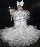 Платья белой девочки платья кружева с бисером Halter с короткими рукавами лук органза бальное платья кекс малыш маленький цветок девушки для свадьбы блеск