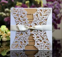 Rustik Düğün Davetiyeleri Kelebekler Oymak Zarif Festivali Davet Kartları Şerit Beyaz Retro Kraft Kağıt Boho Kartları Al8256