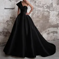 Vestidos de Gala Satin Evening Prom Dresses Long 2021 Czarne Suknie Formalne Jedno Ramię Balowa Suknia Abiye Gece Elbisesi