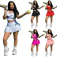2022 Designer Women Two Piece Dress Summer Solid Color Tracksuits Pullover 2 Pieces Sets T-Shirt+Skirt Scoop Neck Sports Suit Sleeveless Clothes DHL 5013