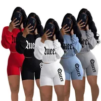 Сплошные цвета сексуальные женские трексуиты буква шаблон с длинным рукавом без бретелек и тонкие байкерские шорты случайные модные женщины две части наборы