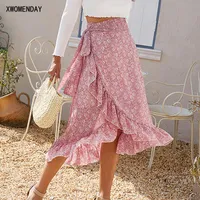 Skirts Woman High Waist Fashion Long Black Knotted Tied Wrap Floral Ruffle Chiffon A Line Split Skirt 2022 Spring Summer Clothes
