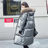 Ficusrong Nedensel Parlak Gümüş Aşağı Ceketler Kış kadın Uzun Kürk Yaka Kapşonlu Ceket Parkas Kalın Kış Ceket Kadın Dış Giyim 220110