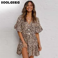SOOLASEA 2021 여름 스타일 여성 미니 레오파드 드레스 여름 프린트 주름 짧은 소매 V 넥 파티 달콤한 해변 드레스 Vestidos 220210