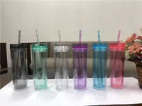 フェデックス！ 16ozアクリルタンブラークリア飲みのボトルプラスチック透明カップ二重壁まっすぐなタンブラー蓋とストロー6色A12
