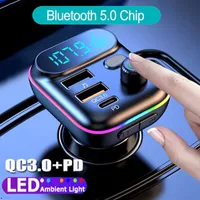 T70 Car Charger Bluetooth 5.0 FM Transmisor RGB Atmosphere Light MP3 Pantall Pantrain Wireless Free Audio Receptor Retail Box