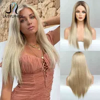 La sylphide sintética frontal pelucas larga ondulada raíz marrón ombre rubio encaje peluca parte media mujer naturaleza naturaleza para diario