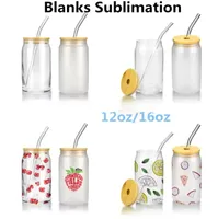 12oz 16oz Sublimation Glass Beer Tumblers with Bamboo Lid Straw DIY Frosted Clear Drinking Utensil Coffee Wine Milk Beer Cola Juice Cold Drinkware Mugs Can Cups