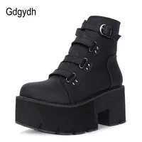 حار بيع gdgydh ربيع الخريف الكاحل الأحذية النساء منصة الأحذية المطاط وحيد مشبك الأسود جلد بو عالية الكعب أحذية امرأة مريحة