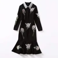 ヨーロッパとアメリカの女性のウェア2020冬の新しいスタイルの長袖ビーズラペルフラワー刺繍ファッションフィッシュテールドレス