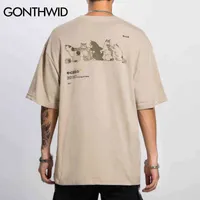 Gonthwid Harajuku grappige Japanse wrijven bad katten print korte mouw t-shirts hiphop casual streetwear Tees mannen 2020 t-shirts G1229