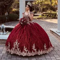 Kırmızı Boncuklu Altın Dantel Balo Quinceanera Elbiseler Pageant Törenlerinde Vestido De 15 Anos Años Quinceañera Özel Boyutu