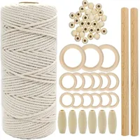 Garn macrame cord naturlig bomull beige diy rep med trä ring pinne flätat teether kit vägg hängande växthängare