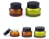 15G 30G 50G Barattoli di vetro Imballaggio Bottiglie per cosmetici Green Amber Cream Jars Imballaggio cosmetico con coperchio Cappellini in plastica nera
