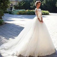 2022 Vintage Tulle A Line Wedding Dress Half Sleeve Appliques Lace Beaded Pearls Sash Long Train Ivory Garden Dresses Outdoor Bridal Gowns Custom Made Robe De Mariage