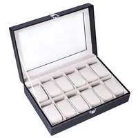 12 grille de rangement boîte boîte de rangement bijoux Coffret boîte double couche montre showcase boxes cuir noir
