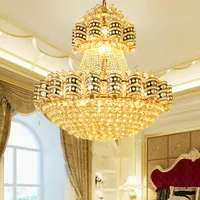 الكلاسيكية الأوروبية الذهبي كريستال الثريا أدى ضوء كبير الحديثة الكريستال الثريات أضواء تركيبات المنزل داخلي فندق درج شنقا مصباح