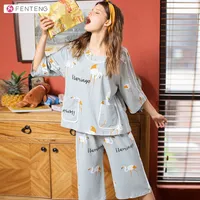Fenteng İlkbahar Yaz Pijama Set Nedensel Pamuk Baskılı Pijama Kadınlar Oneck Yarım Kollu Gevşek Kadın Uyku Üst X98011942 201031