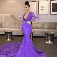 Afrika Svart Girl Purple Prom Klänningar 2021 Sexig Deep V Neck Beaded Lace Appliques Aftonklänning Långärmad Formell Party Dress Al7993