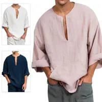 Chinesische Stil Herren T-shirts Casual Beach Solide Farbe V-Ausschnitt Flare Langarm Baumwolle Top-Shirt Bluse Männer Kleidung 2021