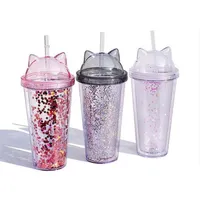 Juice Wine Glass Drinkware Cat Ear Sequin Double Layer Cup Kids Baby Cartoon Cute Creative Sequins Plastic Tumbler with Straws Wholea38a49