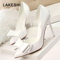 Shoes Lakeshi Dress sapatos de salto alto femininos, ponteiros com laço borboleta, para casamento, noivas, rosa e branco DH2B