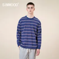 Simwood otoño nuevo rayado de manga larga camiseta hombres 100% algodón gota hombro 250 g de grosor plus size suelto de calidad superior camiseta 201201