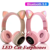LED Kedi Kulak Kulaklık Bluetooth 5.0 Gürültü Yetişkinler Çocuklar Kız Kulaklık Kulaklık Destek TF Kart FM Radyo Mic Kablosuz + Kablolu