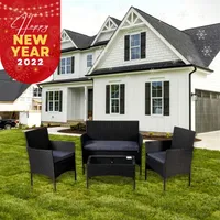ABD stok açık bahçe setleri veranda mobilya 4-piece siyah pe rattan hasır gri yastıklı kanepe sohbet setleri ile sehpa A47