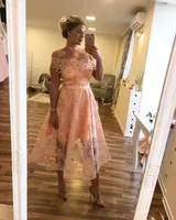 2021 Kurzer billiger Blush Pink Prom Dresses aus der Schulter eine Linie Spitze Applikationen Tee Länge Cocktailkleid Party Kleider Brautjungfer Abendkleid